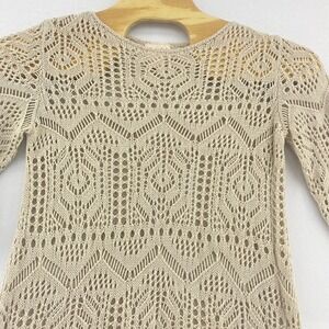 Toffee Apple Crochet Knit Cover Up Tunic Top 3/4 Sleeve‎ Beige L Boho Coastal